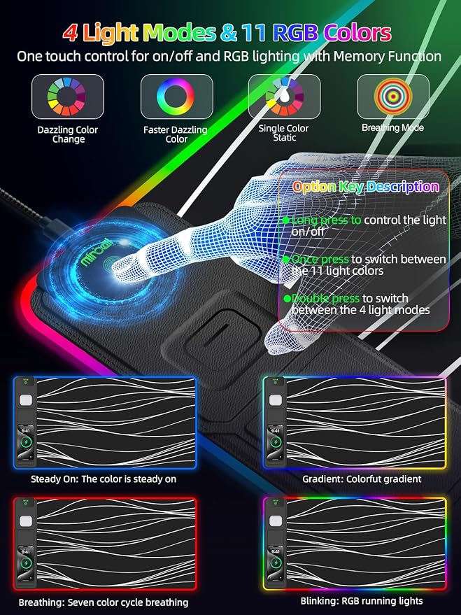 Mouse Pad with Foldable Phone Holder & Wireless Charger, XXL RGB Gaming Mousepad 31.5"x15.8" Large Desk Mat for Keyboard, Black Desk Pad with Dual Qi Charging Station | 11 Colors 5 Modes