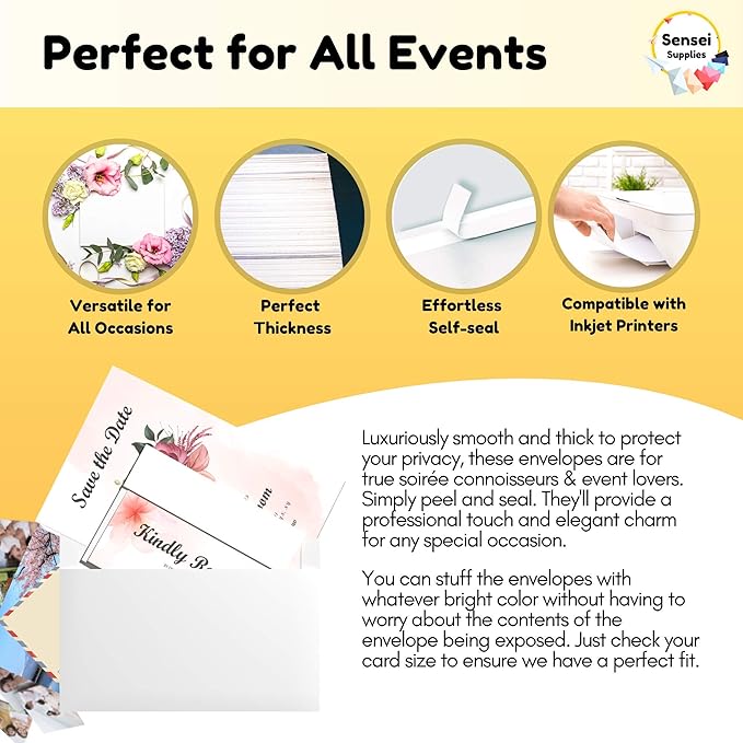 5x7 Envelopes for Invitations - 110 White Envelopes for 5x7 Cards - A7 - (5 ¼ x 7 ¼ inches) - Perfect for Weddings, Graduation, Baby Shower - 120 GSM - Peel, Press & Self Seal - Square Flap
