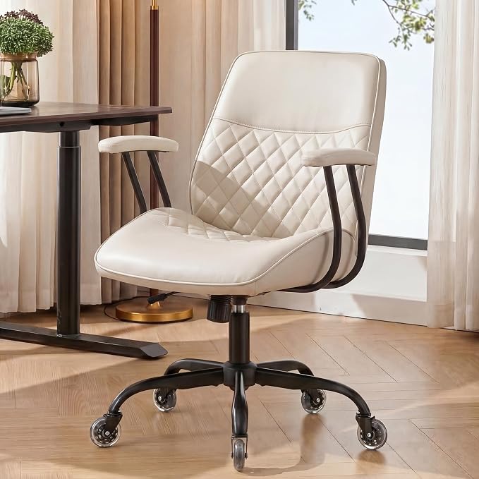 NEO CHAIR Leather Office Chair with Ergonomic Design, Swivel Chair, Ivory | Modern Computer Desk Chair with Genuine Leather, Lumbar Support, Removable Arms, Comfy Chair for Home Office, Smooth Rolling