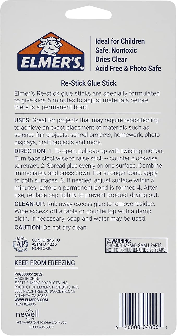 Elmer's Re-Stick Glue Sticks, 8 grams, Washable, 6 Count