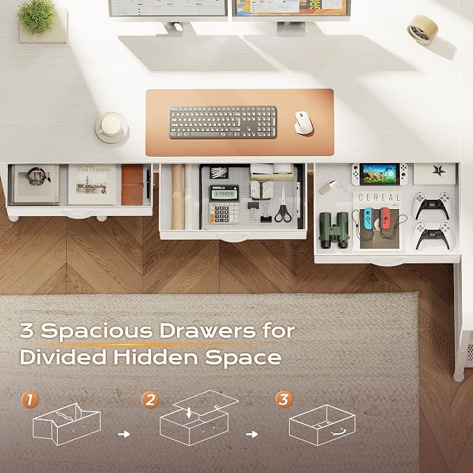 63 Inch L Shaped Office Desk with Power Outlets and Type-C Port, Large Computer Gaming Desk with 3 Fabric Drawers, Mesh Shelves, Corner Study Work Writing Desk, White