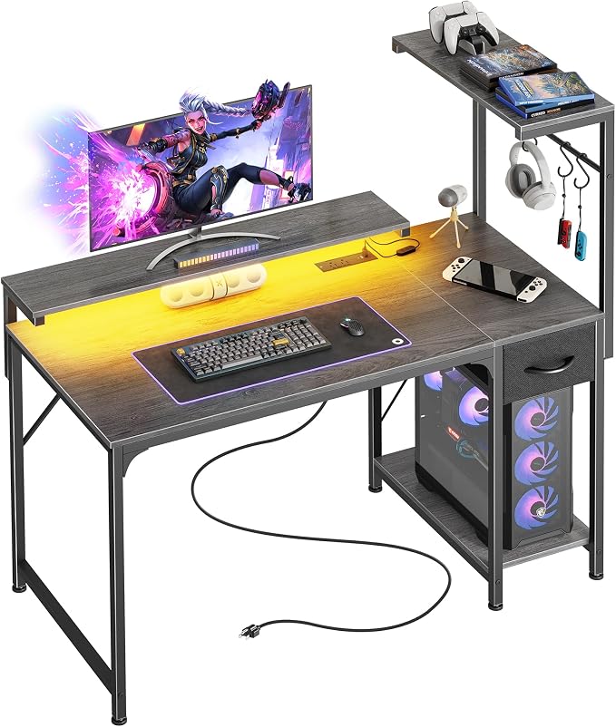 39.4 Inch Gaming Desk with LED Lights & Power Outlets | Small Computer Desk with Drawer & Storage Shelves, Office Writing Desk with Monitor Stand for Work from Home, Grey