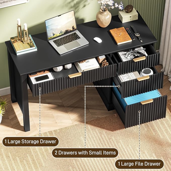 Vabches Fluted Executive Desk with Drawers, Wood Computer Desk with Ample File Drawer, Home Office Desk with Storage for Study, Bedroom, Living Room, Black