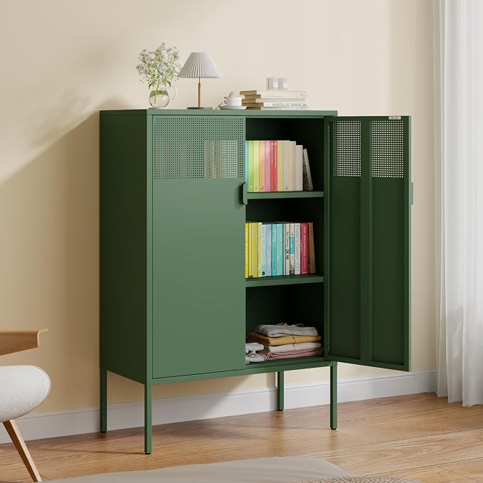 3-Tier Metal Storage Cabinet with 2 Adjustable Shelves & Mesh Doors | Metal Locker Accent Cabinet with Legs, Green Storage Cabinets, Metal TV Stand Cabinet for Home Office, Entryway & Hallway