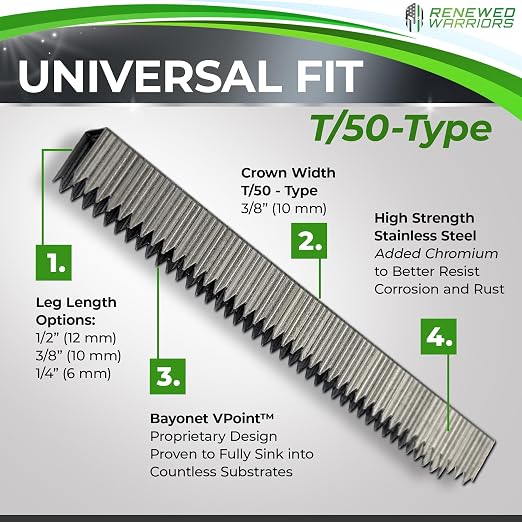 T50 Stainless Steel Staples Marine; T/50 Type (1/4" in Leg; 3/8" Crown) T-50 Staples - (10) 500 Packs or 5000