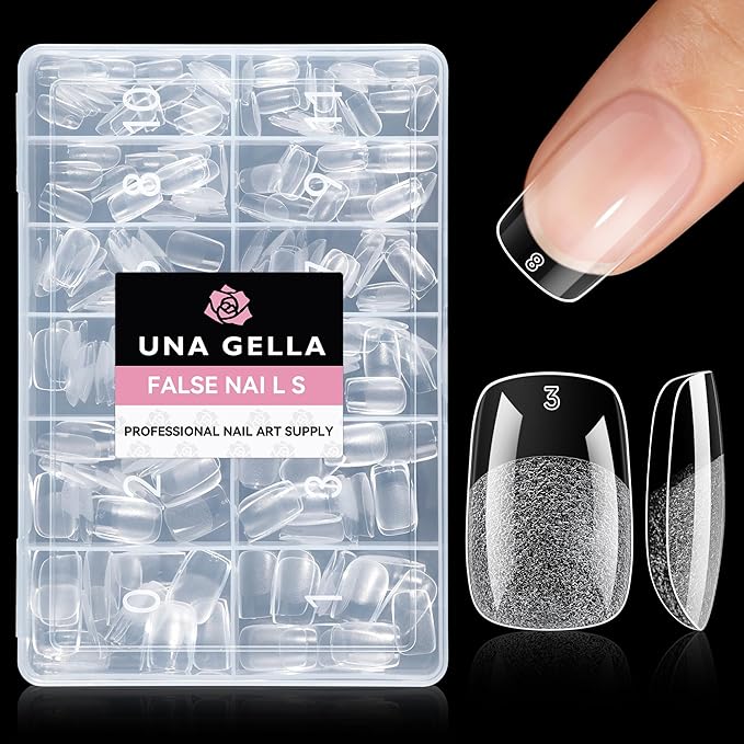 UNA GELLA Short Square & Squoval Nail Tips 216pcs Pre-Etched Short Square Round Oval Press on Nails Squoval Clear Acrylic Fake Full Cover Gel Nails Tips for Nail Extensions Home DIY Salon 12 Sizes