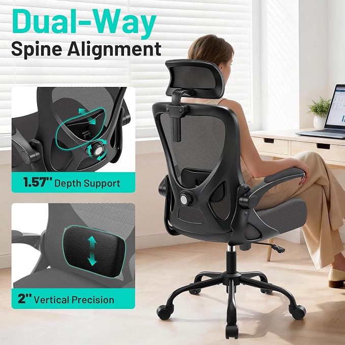 Office Chair - Ergonomic Desk Chair Breathable Mesh Chair with 2D Headrest & Adjustable Lumbar Support - Executive High Back Rolling Swivel Computer Gaming Chair with Wheels Flip-up Armrests