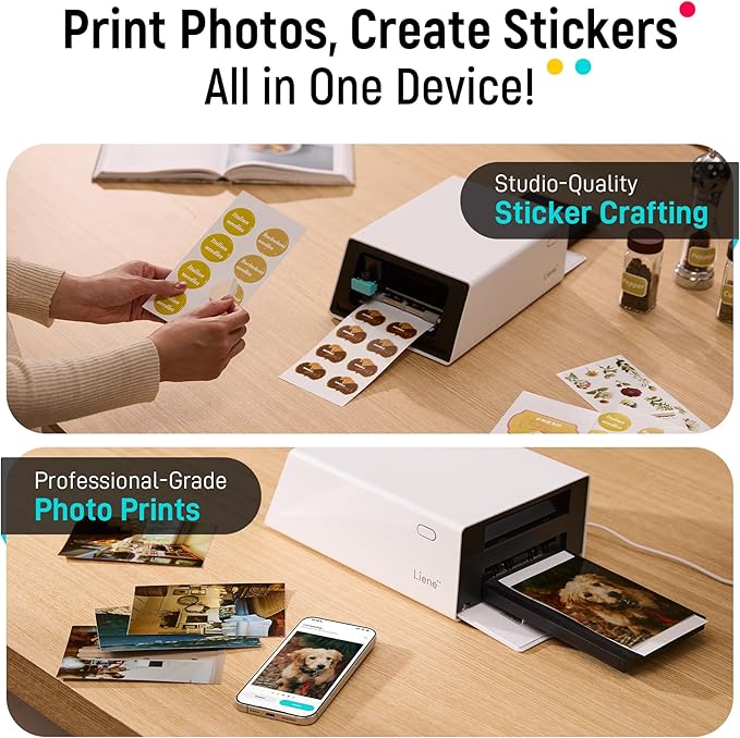 Liene PixCut S1 Color Sticker Printer & Cutting Machine - All-in-One Sticker Maker for DIY Crafts, Custom Labels & Gifts. Thermal Dye-Sublimation Photo Printer, 300 DPI, Precise AI Auto-Cutting