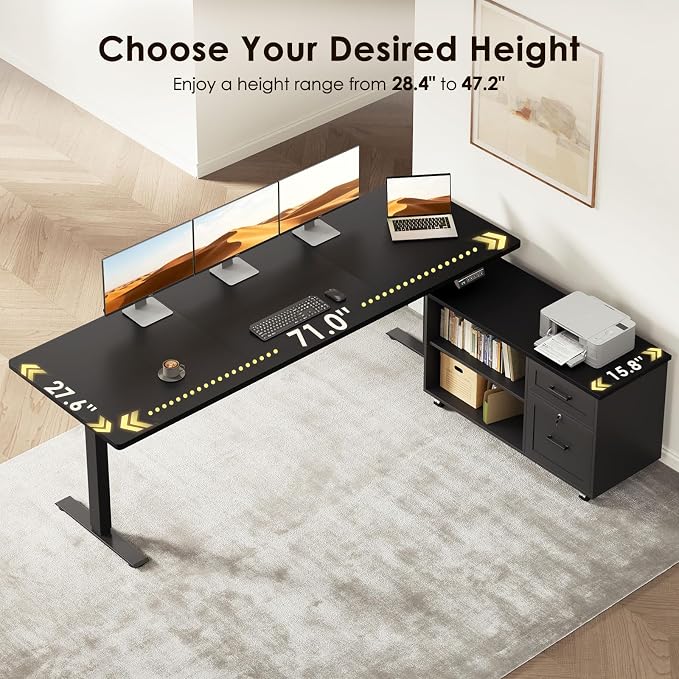 71 Inch L Shaped Electric Standing Desk with Cabinet Sets, Black | Mobile Drawers & File Cabinet Sets for Flexible Layout, Height Adjustable Executive Stand Up Desk for Home Office Workstation