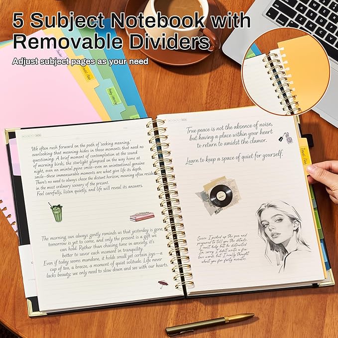 Hardcover Spiral Notebooks 8.5" X 11" Note Taking 5 Subject Notebook College Ruled with Dividers 240 Pages 100GSM Aesthetic Spiral Notebook for Work School Cute Journals for Women Writing, Black