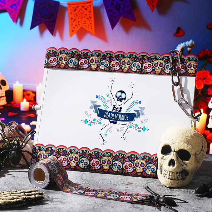 32.8 Ft Day of The Dead Bulletin Board Borders Skull Wavy Trim | Vibrant Skull Patterns with Wildflowers, Scalloped for Classroom Bulletin Boards and Fiesta Decor