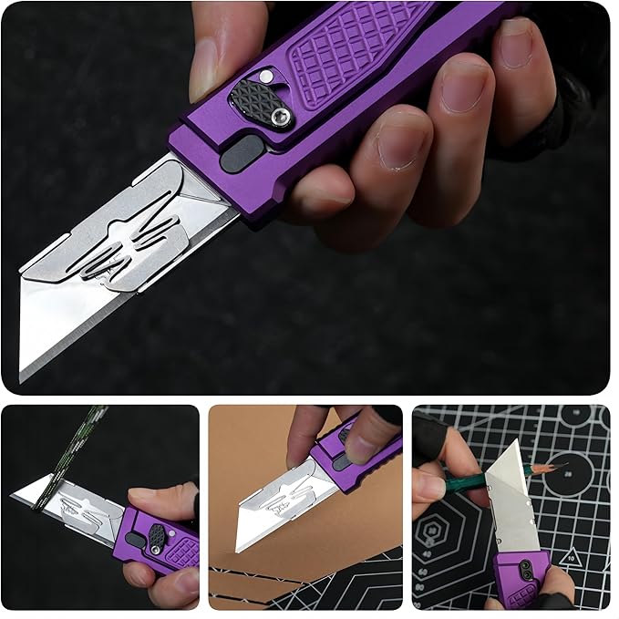 5.8" Aluminium Utility Knife, EDC Box Cutter with Clip, CNC Unibody, Lightweight All Metal Folding Box Cutter, Ideal Gifts for Men Women, with 10 Extra Blades（Purple）