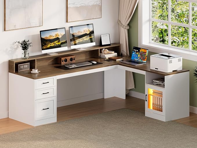 2 Pack L Shaped Desk, L Shaped Executive Desk with Drawers | Wooden L Shaped Office Desk with Storage, L Shaped Executive Desk with Power Outlet & Monitor Stand, White and Walnut