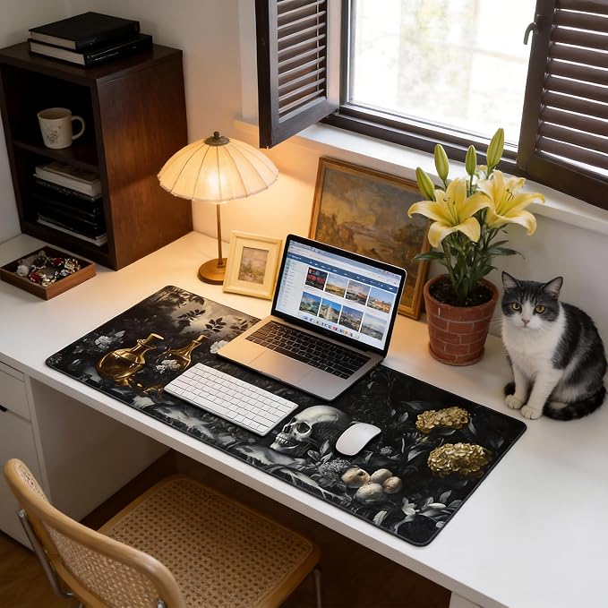 Aesthetic Skull Gaming Mouse Pad, Black Gold Dark Epic Desk Mat with Anti-Slip Base & Stitched Edges,35.4" x 15.7" in Table Mat for Computer Desktop, Beautiful Workstation Decor