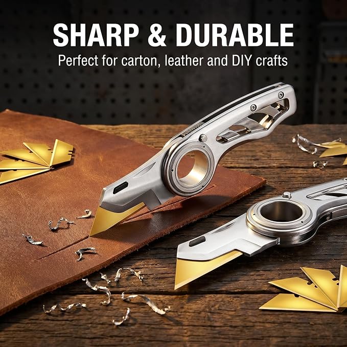 2 Pack Heavy Duty Box Cutter Pocket Folding Utility Knife with Safety Finger Loop & 10 Long-Lasting Gold Titanium Blades for Breaking Down Cardboard, for Home, Office, Warehouse (Gray)