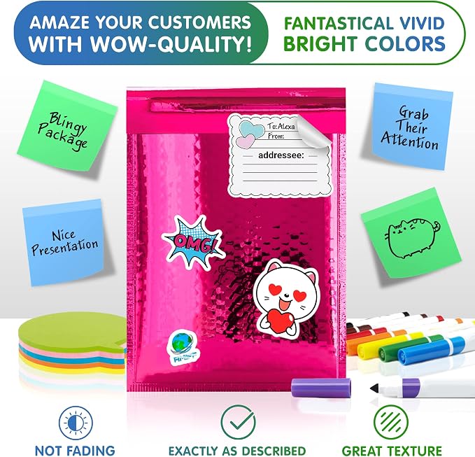 Glamour Metallic Bubble Mailers 8.5 x 11 Inches Hot Pink, 300 Pack Padded Envelopes for Shipping, Mailing, Packaging Protection