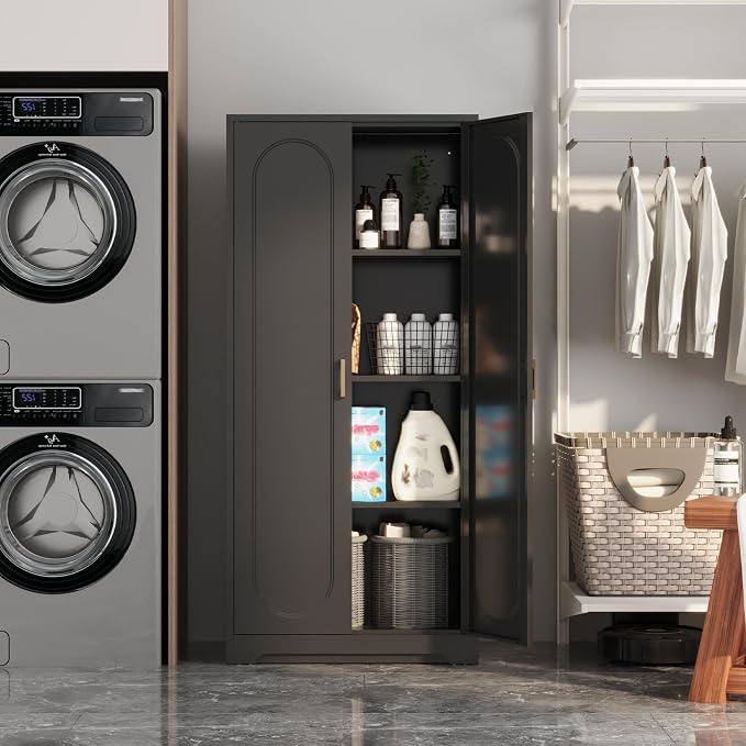 Steeloong 60"Metal Pantry Storage Cabinet with Doors & 3 Adjustable Shelves | Kitchen Pantry Cabinet,Black Kitchen Cabinet with 2 Gold Handles,Tall Cabinet for Livingroom,Pantry, Bathroom,Kitchen