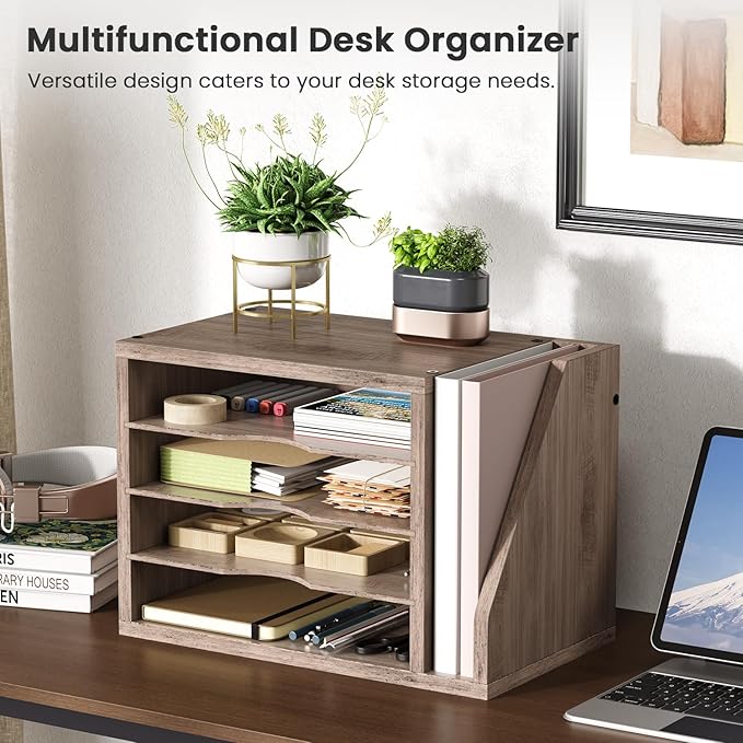 Mail Sorter, File Organizer Desktop, Wood Desk Organizer with 3 Adjustable Shelves, Mail Holder for Office, Home, Letter Sorter File Holders for Envelopes, Mail Supplies Magazines, Greige
