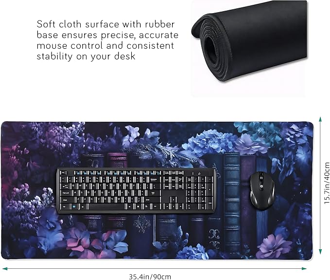 Floral Aesthetic Book Gaming Mouse Pad, Purple Dark Romanticism Desk Mat with Anti-Slip Base & Stitched Edges, Office Supplies & Desk Decor for Women, 35.4" x 15.7" in Home Office Essentials