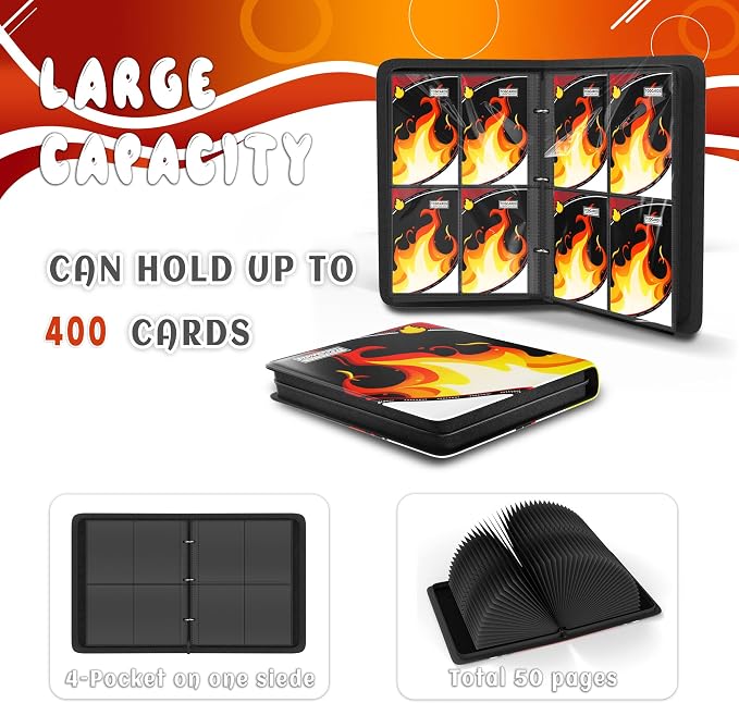 Trading Card Binder 4 Pocket, Card Binder 400 Pockels Card Book Holder Cards with 50 Removable Sleeves, 3-RingZip Design MTG/TCG/Sport Collectible Trading Card Albums Gifls for Boys and Girls (Fire）
