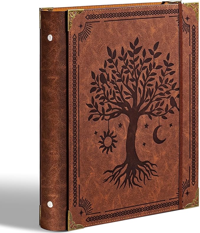 PU Leather 3 Ring Binder Fits 8.5"x11" Letter Size Paper, 1.5 Inch Round Ring Binder Holds 350 Sheets, Notepad Paper Cover Loose Leaf Organizer, Brown Tree