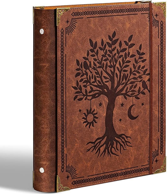 PU Leather 3 Ring Binder Fits 8.5"x11" Letter Size Paper, 1.5 Inch Round Ring Binder Holds 350 Sheets, Notepad Paper Cover Loose Leaf Organizer, Brown Tree