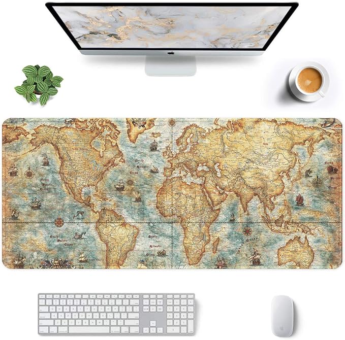 Auhoahsil Large Gaming Mouse Pad, Vintage Map Theme XXL 35.4 x 15.7 in Desk Pad Stitched Non-Slip Rubber Long Computer Mousepad Thin Extended Full Size Desk Mat for Desktop, Laptop, Wireless Mice