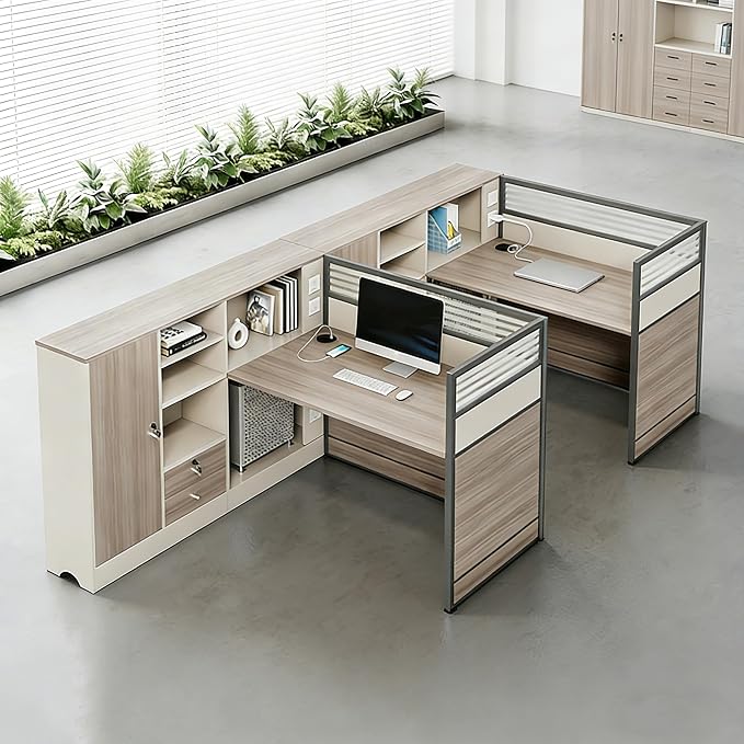 Modern Office Workstation Desk with Side Storage Cabinet, Tempered Glass Privacy Panels, USB Charging Hub & Cable Management, Modular Cubicle Desk for Office Work (A - Left, 2P-A)