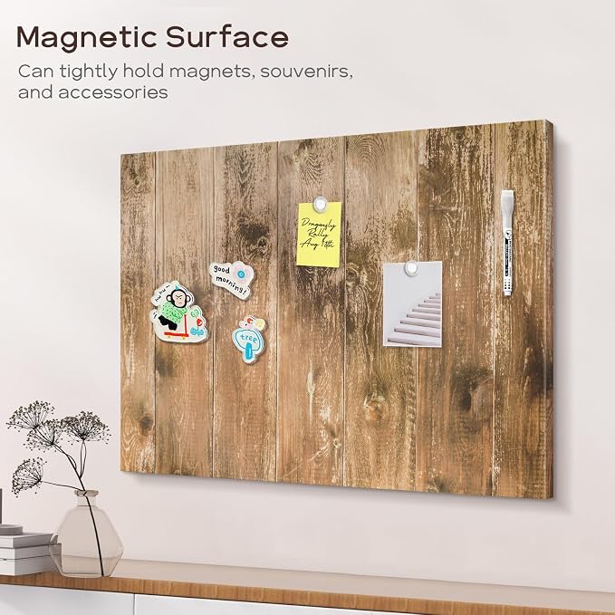 Decorative Magnetic Board for Wall, 24''x18'' Dry Erase Board, Brown Wood | Magnet Board, Display Board, Wall Mounted, for Home, Office, Kitchen, 2 Markers, 6 Magnets
