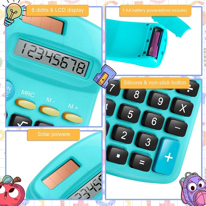 12 Packs Pocket Size Mini Calculator Basic Calculators for Handheld Angled Students 8 Digit Display Solar Battery Dual Power Small Calculator for Students Kids Home Office (6Colors)