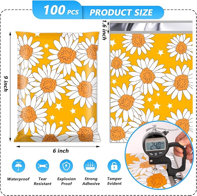 100 Pcs 6x9 Inch Poly Mailer, Waterproof & Tear-Resistant Shipping Bags with Self-Seal, Sunflower Printed Packaging for Small Business