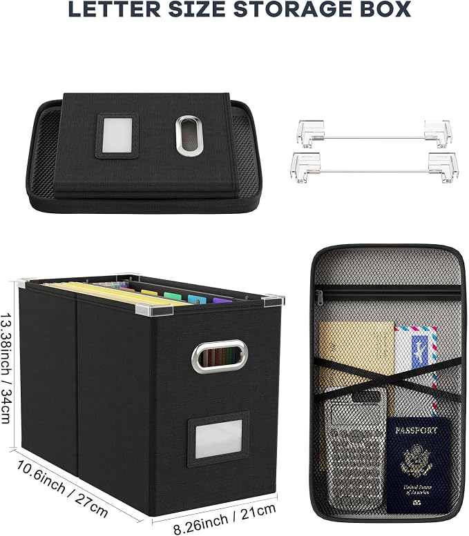 File Organizer Box with Lid, Hanging Filing File Box with Mesh Pocket, Document Organizer Box for Letter Files, Portable Storage Box with Smooth Sliding Rail for Office&Home (2 PCS, Black)