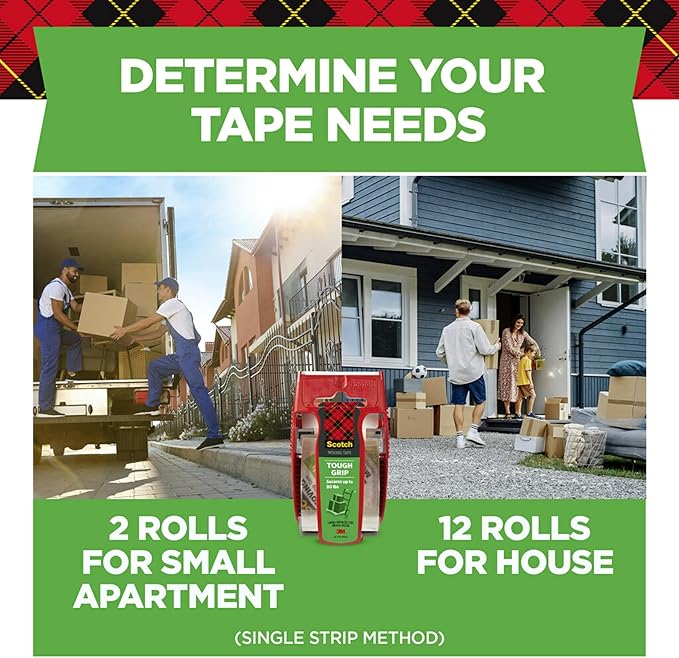 Scotch Tough Grip Moving Packing Tape, Clear, Moving Tape That Secures Boxes up to 80 Pounds, 1.88 in. x 22.2 yd., 6 Tape Rolls with Dispensers