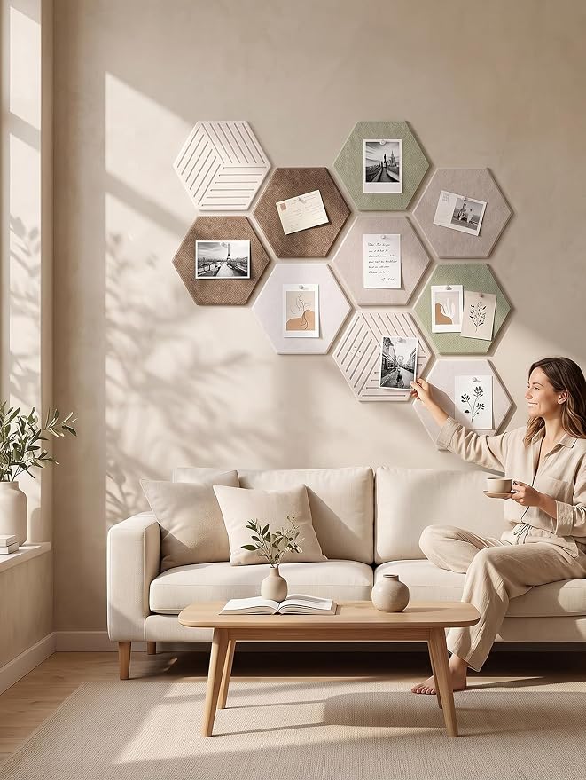 Hexagon Cork Board Tiles for Office Walls Decor 10 Pack 11.81" X 10.24" | Traceless Nano Adhesive Tabs, 0.39 " Thickness Specification, Cover 6.3 Ft² Area, Photo Memory Display, Vision Board Creation