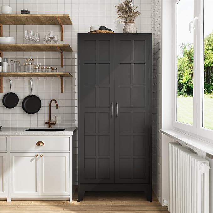 COFaR 71" Black Metal Storage Cabinet with Doors for Office and Garage | 5-tier kitchen pantry cabinet with square-panel doors and 4 adjustable shelves for laundry room, office or garage storage.