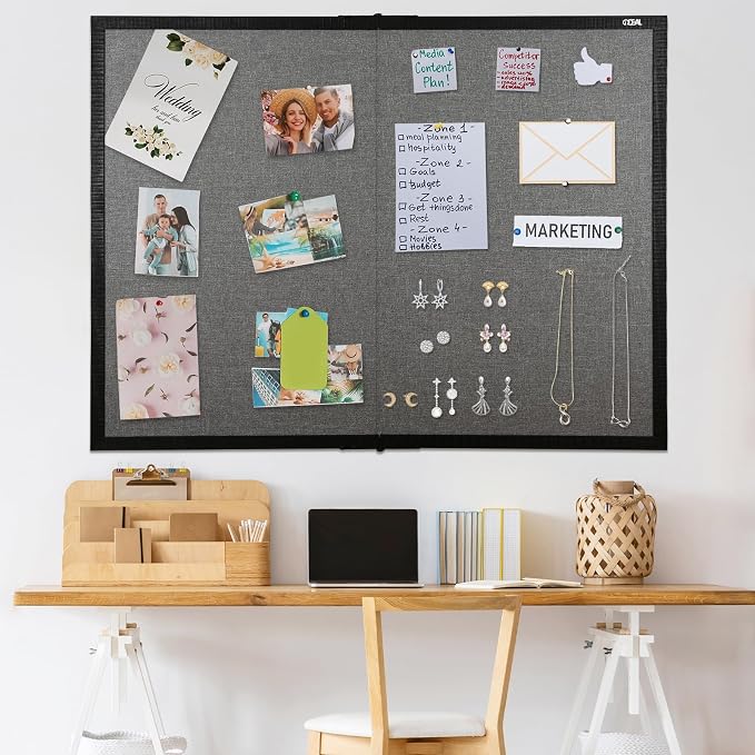 Gideal Large Bulletin Board 48 x 48, Cork Boards for Walls | Foldable Cork Board with Black Pine Frame & Grey Linen Surface, Wall Mounted Pin Board for Home Office, Classroom, Kitchen
