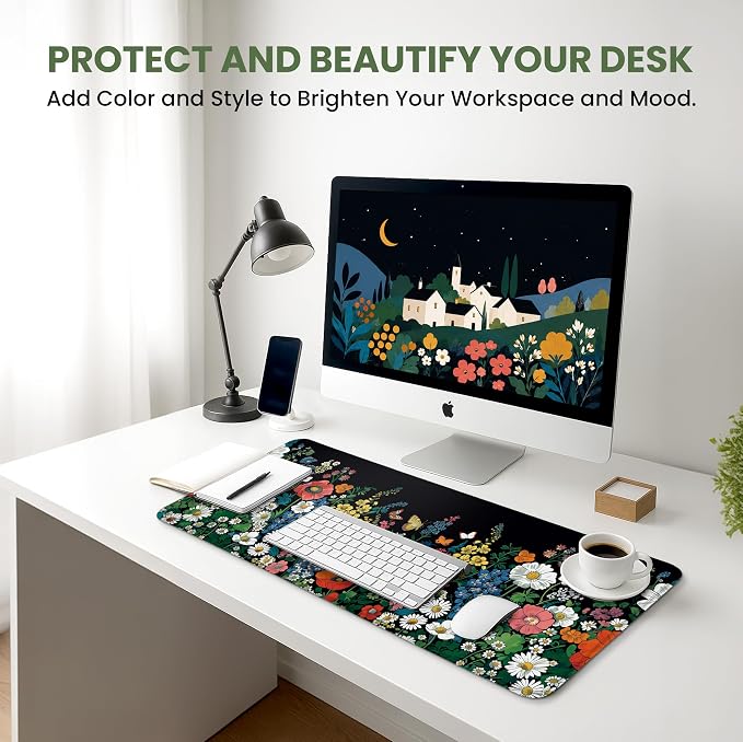 Aesthetic Desk Mat, Cute Botanical Floral Desk Pad Protector for Work & Decor, 31.5" x 11.8", Pretty Non-Slip Extended Mouse Pad for Office or Home