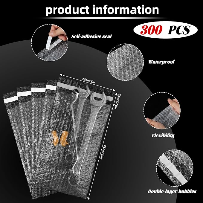 Frienda 300 Pcs Self Adhesive Bubble Bags Packing Pouches, 6" X 10" | Double Wall Clear Protective Wrap, Shockproof for Small Business Shipping Packaging, Cushioned Fragile Items Protection