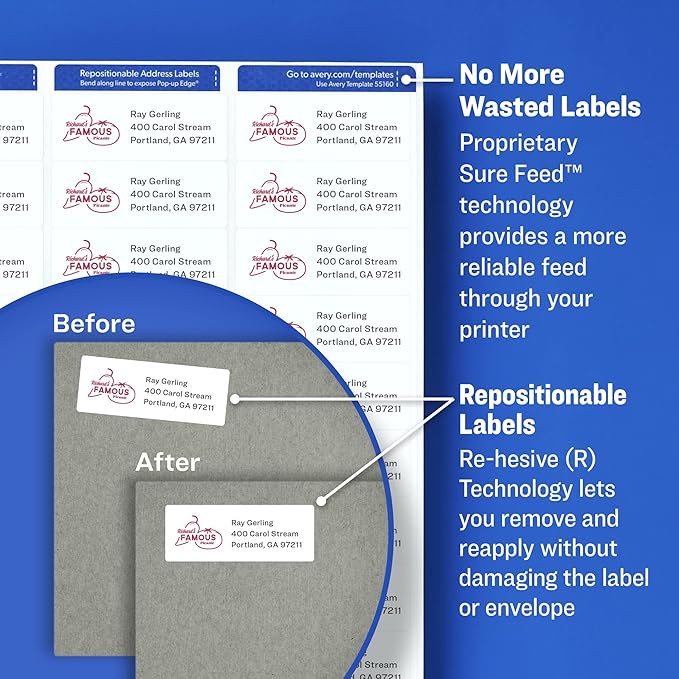 Avery Repositionable Printable Shipping Labels with Sure Feed, 3-1/3" x 4", White, 600 Blank Mailing Labels (58164) (Pack of 5)