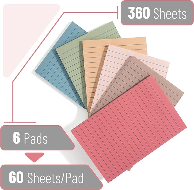 Mr. Pen- Lined Sticky Notes 4x6, 6 Pads, 60 Sheet/Pad, Vintage Colors, Colorful Sticky Notes with Lines, Sticky Note Pads, Mr Pen Sticky Notes, Stocky Notes for Bible Journaling