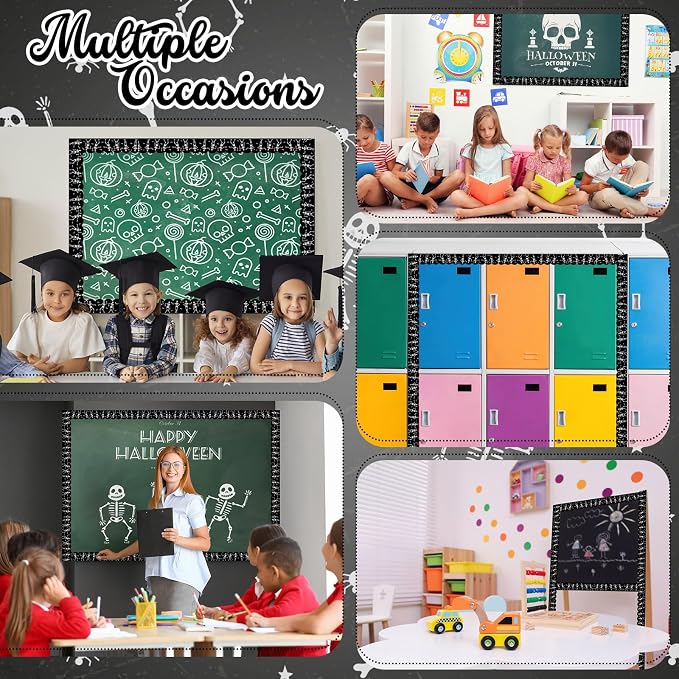 32.8 Ft Halloween Skeleton Bulletin Board Borders, Scalloped Trim | Black Scalloped Edge with Skeleton Boo Design, Ideal for Classroom Displays, Office Boards, Halloween Party Decorations