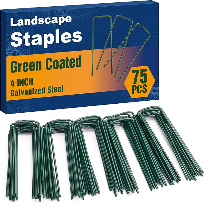 Whonline 75 Pack Green Landscape Staples, 4 Inch Garden Stakes Galvanized | Ground Staples U Pins Yard Stakes for Landscape Fabric, Lawn, Sod, Turf, Irrigation Pipeline Hose, Outdoor Decorations