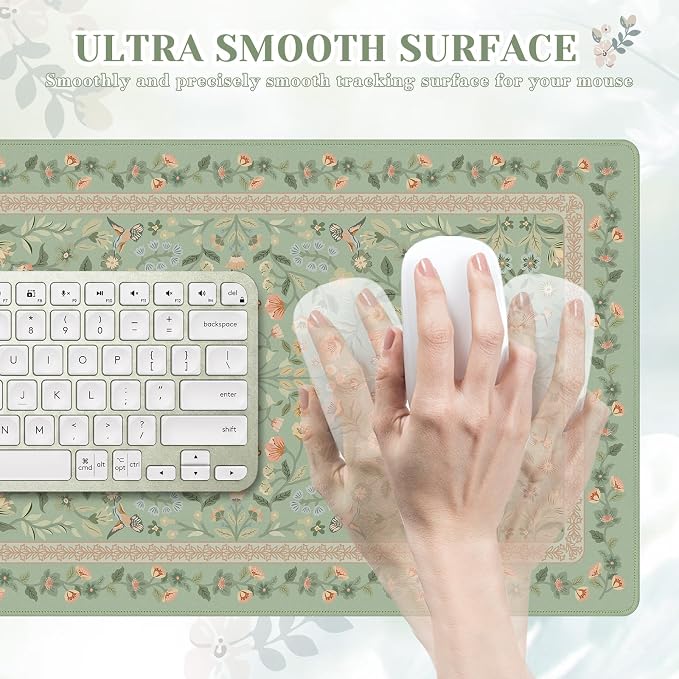 iCasso Aesthetic Flower Mouse Pad,23.6x13.7in Desk Pad, Light Green | Desk Matt for Desktop, Anti-Slip Mousepad with Stitched Edges for Laptop Computer Keyboard