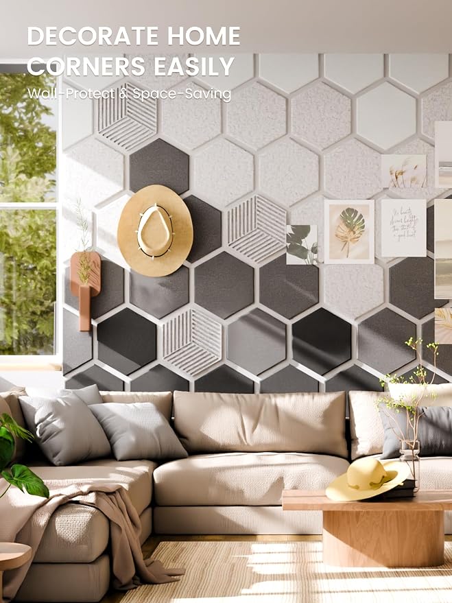 Fluxynara 10-Pack Hexagon Cork Board Alternative, Concrete Echo | Felt Bulletin Board with 50 Adhesive Tabs, Ideal for Vision Boards and Wall Decor in Homes, Offices, Classrooms, and Dorms
