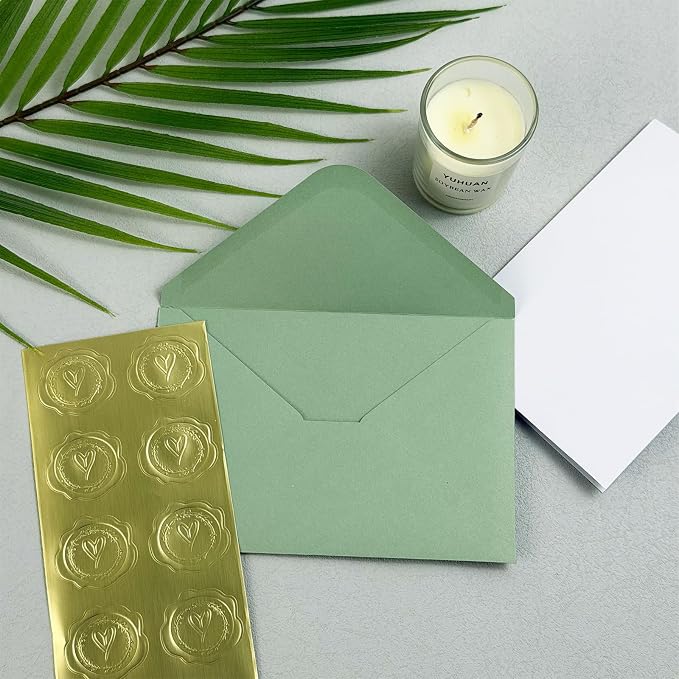 40 Pack Blank Cards and Envelopes 4x6 Sage Green, A4 Invitation Envelopes | A4 Folded Cardstock and Envelopes for Wedding, Note Card, DIY Greeting Cards,Thank you Cards, Birthday Christmas Invitations