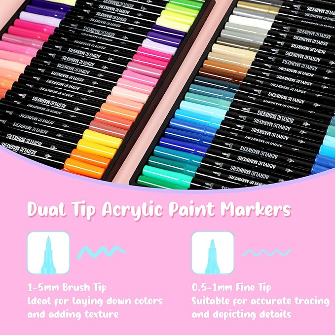 48 Colors Acrylic Paint Markers, Dual Tip with Fine Tip and Brush Tip Pens for Stone, Wood, Calligraphy, Canvas, Ceramic, Metal, Glass, Rock Painting, DIY Crafts