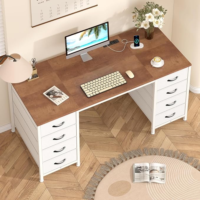 50 Inch Computer Desk with 8 Drawers for Home Office, Bedroom, Living Room | Home Office Desk with Power Outlets, Work Study Gaming Desk with 8 Fabric Drawers, Brown & White