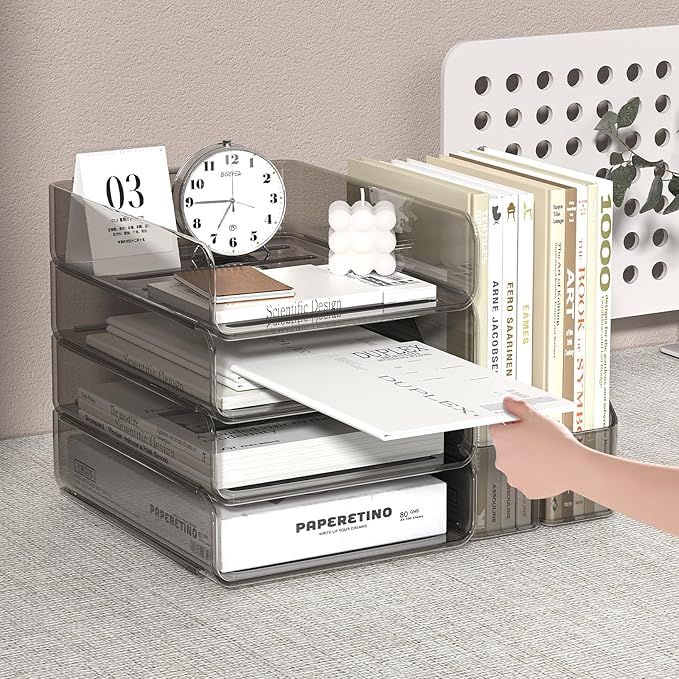 4-Tier Acrylic Paper Tray Organizer with Bookends | Clear Stackable Desk Organizer for Documents, Letters, A4 Paper | Modern Office/Classroom/Home Organization,Brown