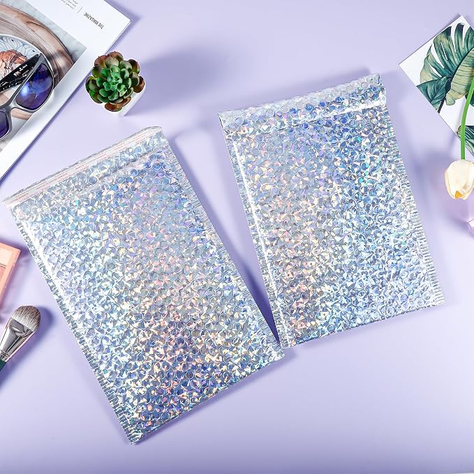 30Pack Holographic Bubble Mailer, Cushion Envelope 11x7In, Silver | Waterproof Self Sealing Poly Padded Envelope, Metallic Mailing Envelopes Bubble Padded for Shipping Mailing Packing
