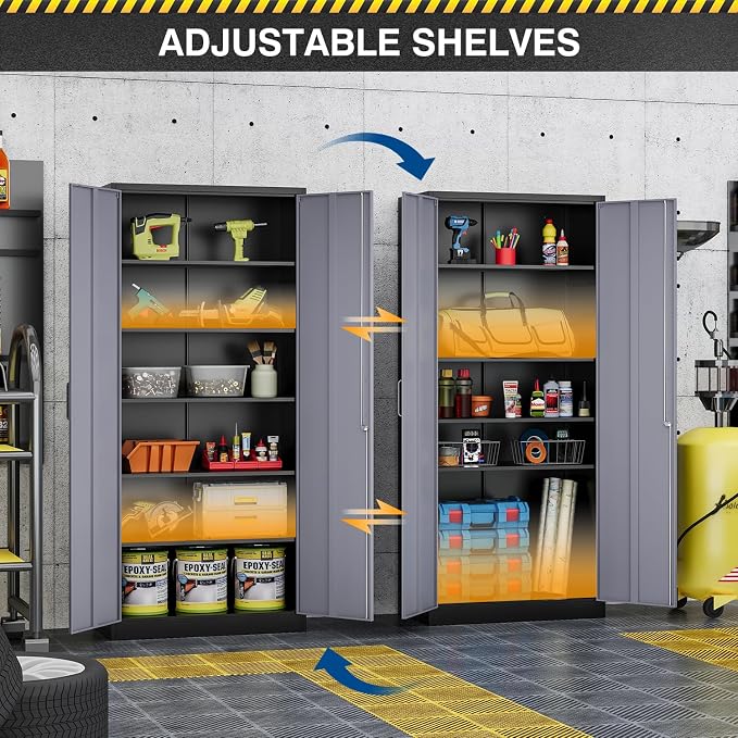 Fesbos Metal Cabinet Steel Storage Cabinet - 71” Tall File Cabinets with Lockable Doors and 5 Adjustable Shelves Black&Gray Steel Storage Cabinets for Home, School, Office, Garage